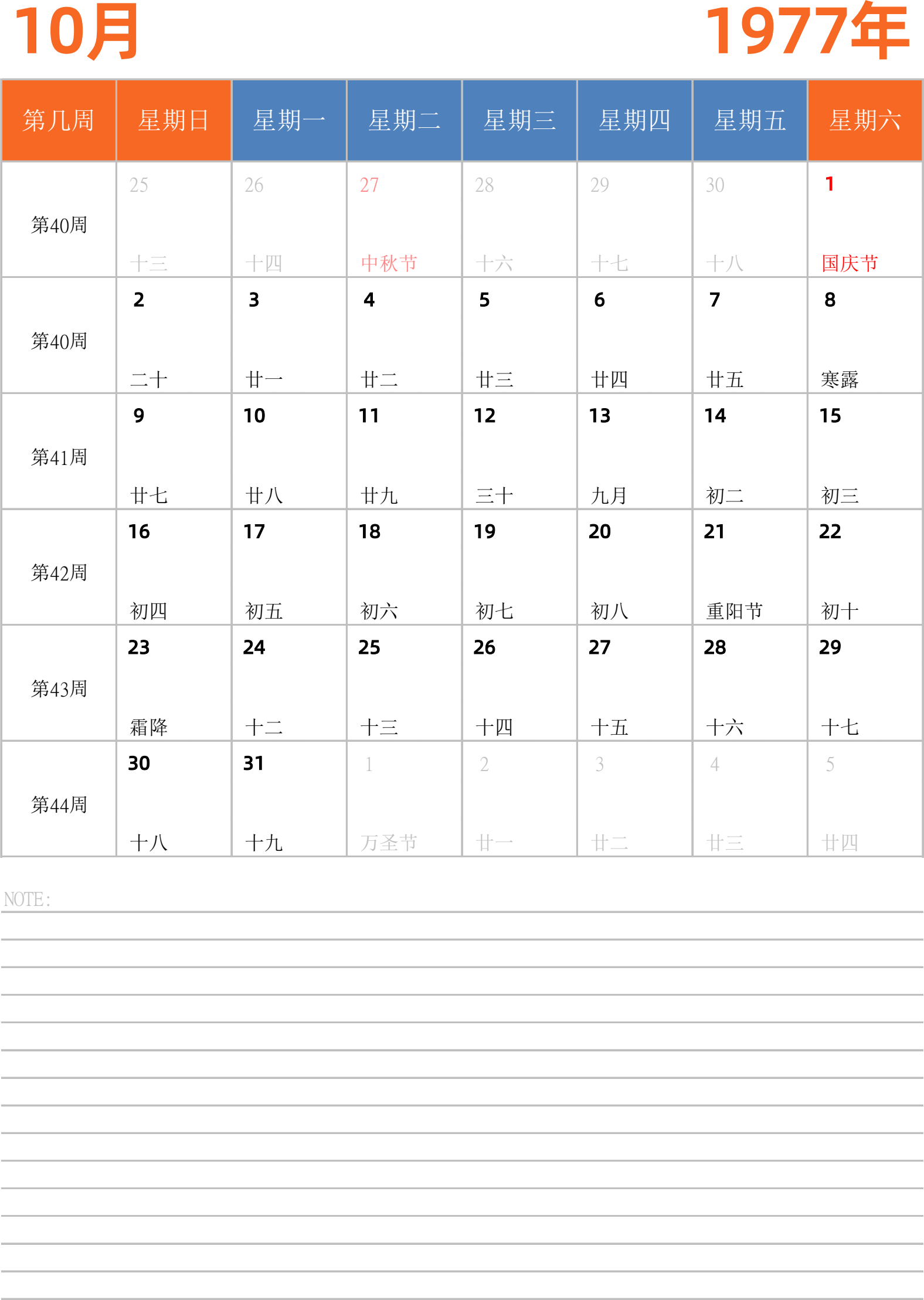 日历表1977年日历 中文版 纵向排版 周日开始 带周数 带节假日调休安排